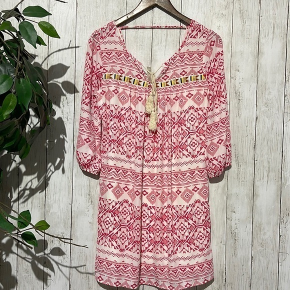 Pink Owl Small Shift Dress Womens Pink White Tribal Geometric Boho Excellent